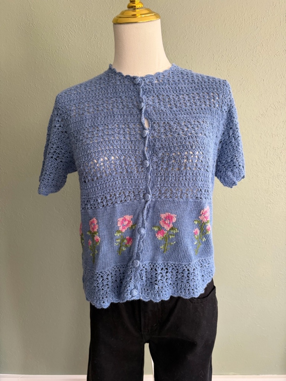 Teddi Blue Crochet Floral Button-Front Cardigan